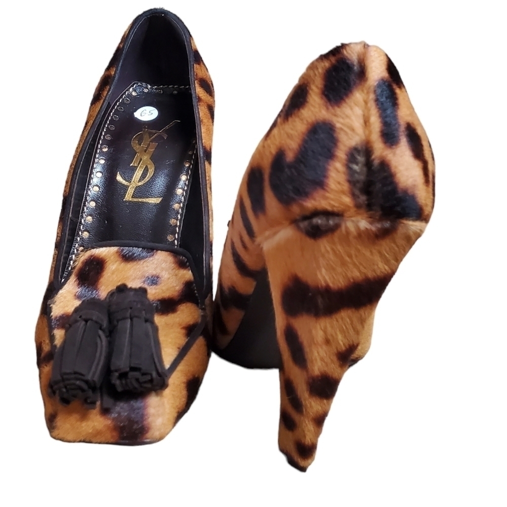 Yves Saint Laurant Vintage Leopard Print Calf Hair Tassle Heel Pumps NIB 6.5M - Picture 5 of 7